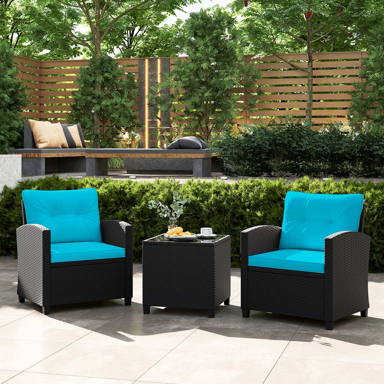3-Piece PE Rattan Outdoor Furniture Set with Tempered Glass Table and Cushioned Armchairs
